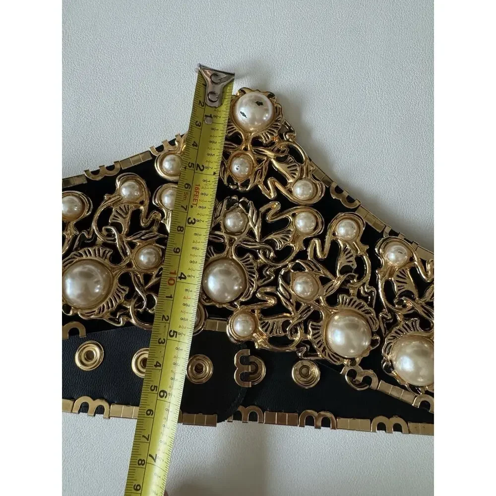 Vintage Baroque Faux Pearl Corset Belt Gold Filigree Black Velvet Maximalist